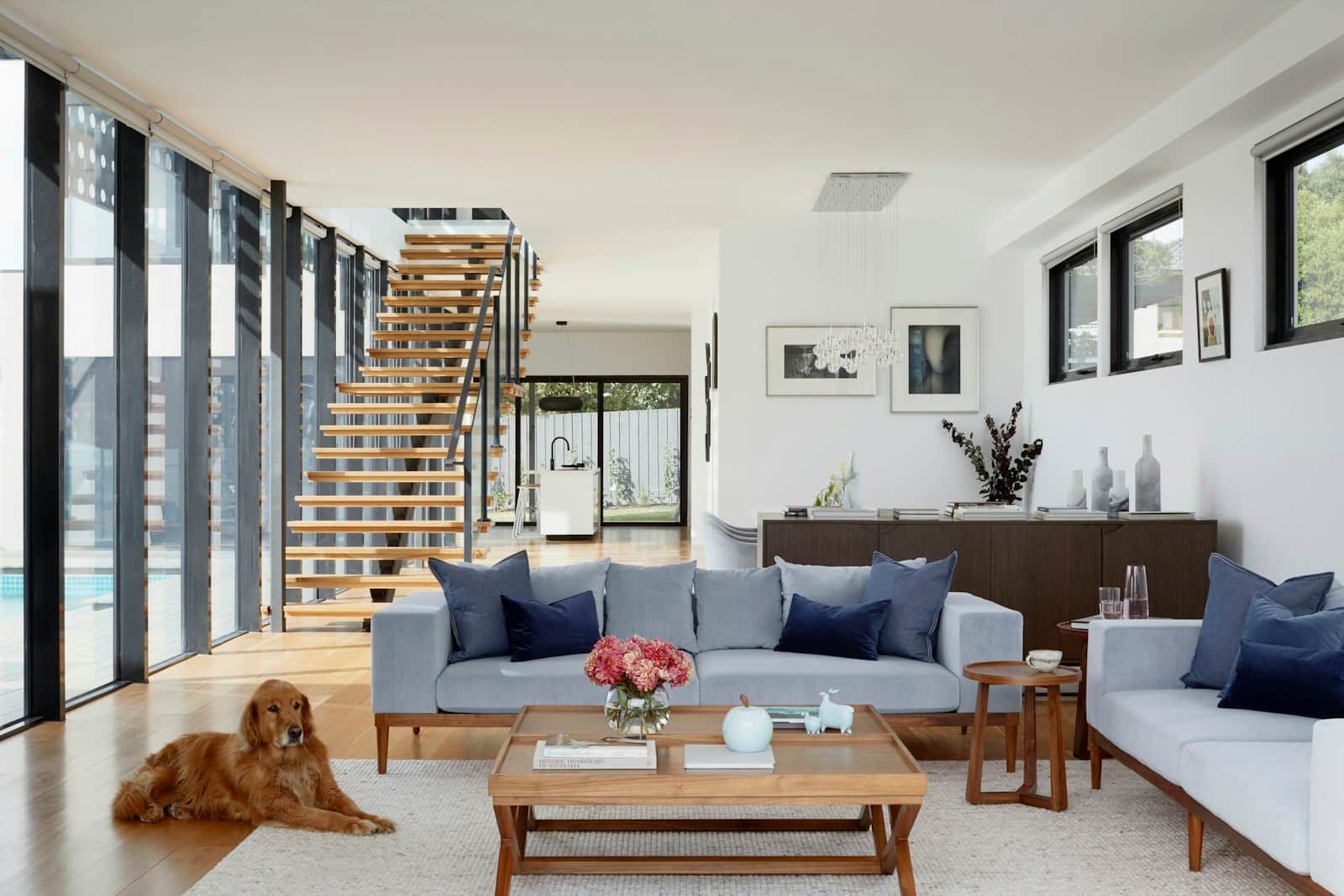 Open-plan living room with staircase